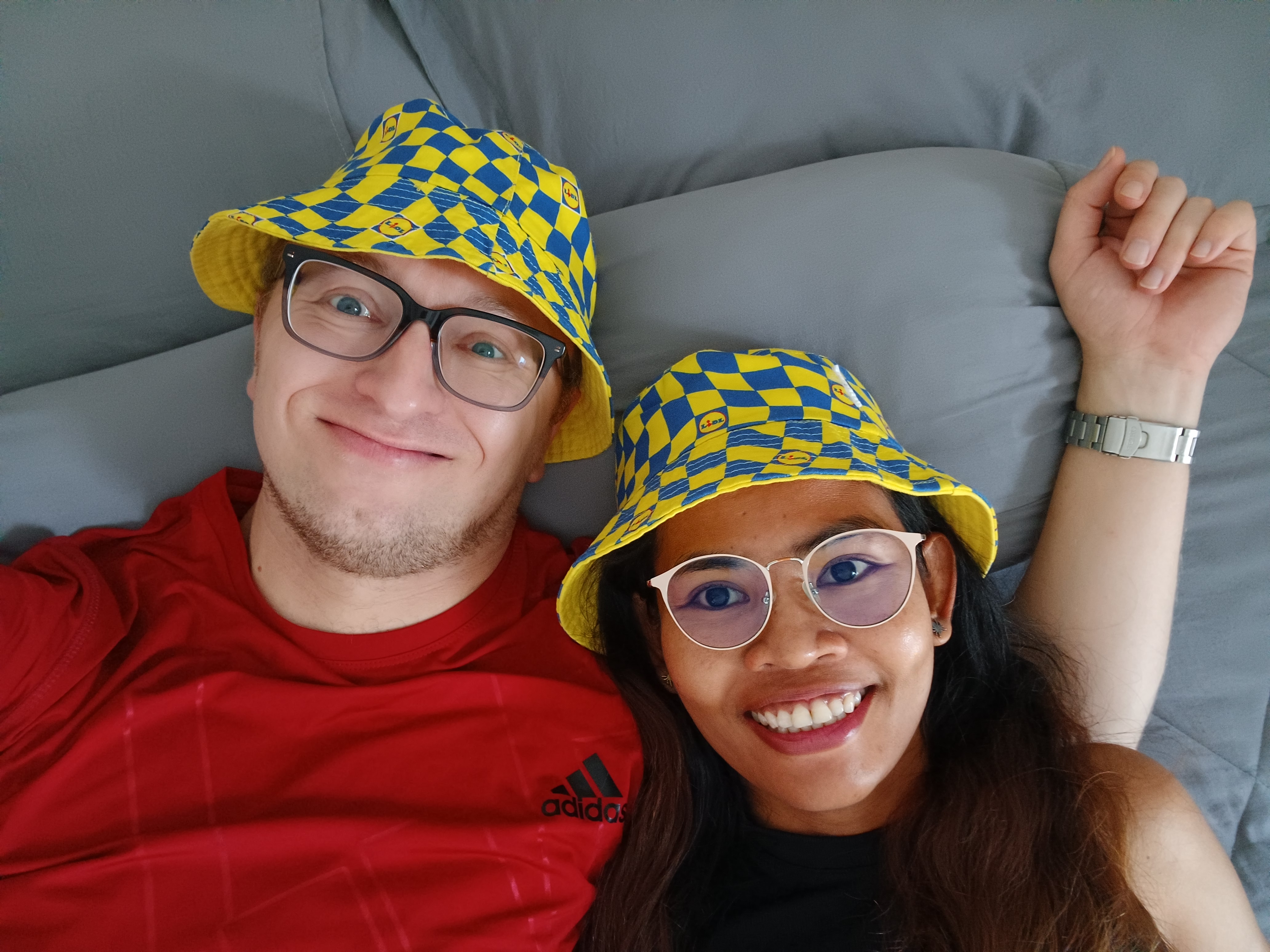 Ratha and Michal in matching hats